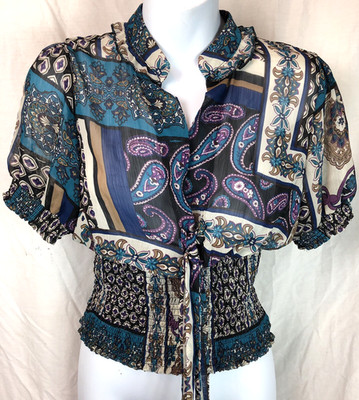 Vintage Smocked Top S Teal/Purple Artsy Geo Tie Front Puff Sleeve Y2K Abstract