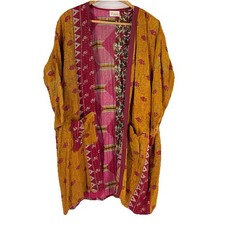 Womens Indian Mid Length Kantha Jacket OS Coloful Floral Mixed Print Pockets