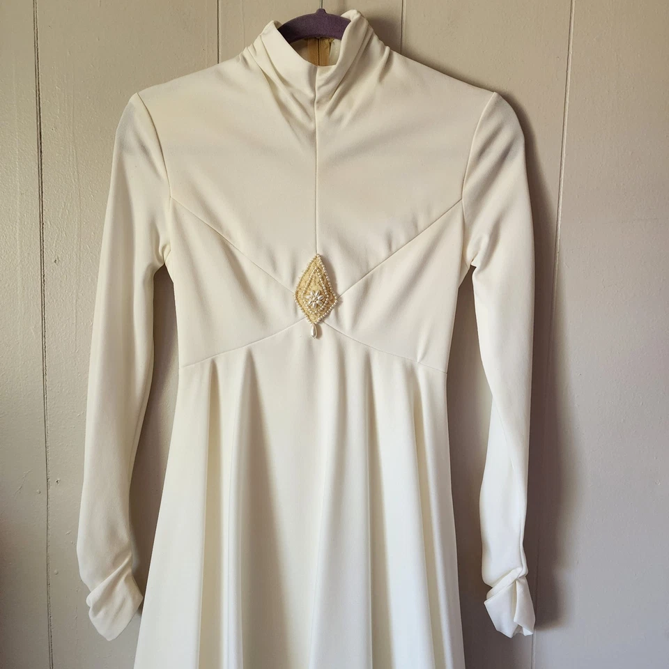 Vestido de novia hippie talla XS vintage plisado de gasa manga larga encaje cuentas vestido Foto 2 de 4