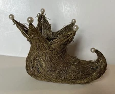 Vintage Gold Glitter Woven Elf Shoe w/ Pearl Accents Decoration