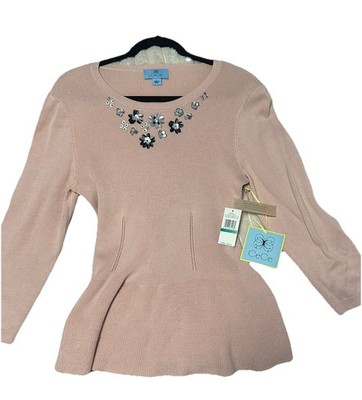 CeCe Pink Knit Embellished Peplum 3/4 Sleeve BeadSequin Flower Sweater Boho New 