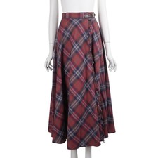 LAURA ASHLEY Vintage Wrap Skirt 4 Red Blue Plaid Cotton A-Line Maxi Fringe Kilt