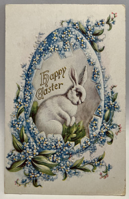 Happy Easter, Rabbit in Forget-Me-Not Egg, Blue Flowers, Vintage Postcard