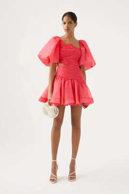 aje pink and red dress Aje Rouge Pink Joan Puff Sleeve Mini Dress $455, Size 2 | 6 (AUS)