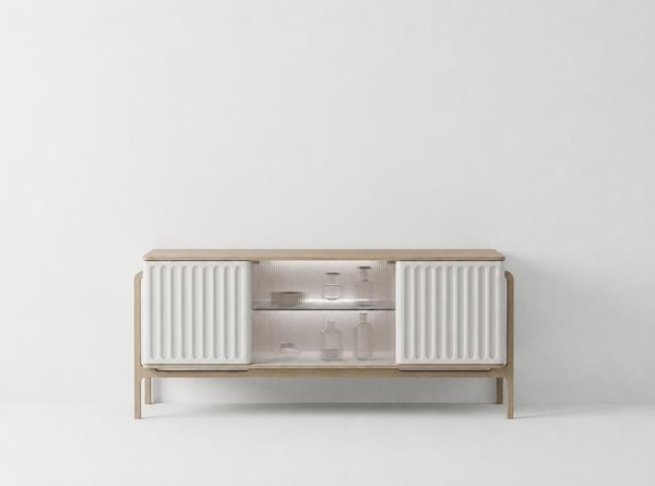 Modernes Sideboard Weiß Beige Mit TüRen Und GlasfäChern Wohnzimmer-image