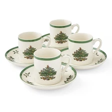 Christmas Tree Espresso Cup & Saucer Set (Set of 4) - Festive 3 Ounce Coffee ...