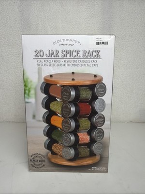 OLDE THOMPSON Acacia Wood Spinning SPICE RACK w/20 JARS for Countertop EXP 07/22