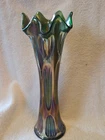 VTG Fenton Green Iridescent Carnival Glass Diamond/Rib Stretch Swung Vase READ