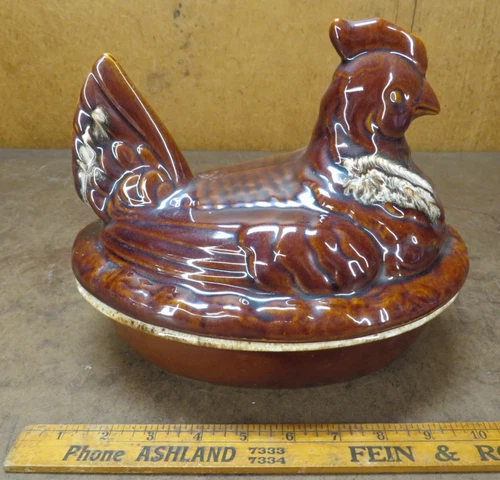 H.P. Oven Proof USA Brown Drip Large Hen on a Nest Rooster 10" Casserole