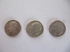 1957-D 1960-D 1964-D Roosevelt Dimes, lot of 3, 90% silver circulated free ship