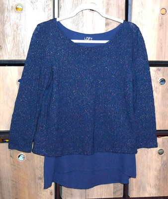 Ann Taylor LOFT Women s two-layer Blouse Top Navy Blue Size XS 3/4 Sleeve