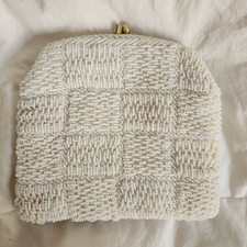 Vintage White Beaded Bag Purse Basket Weave Pattern Small With Chain