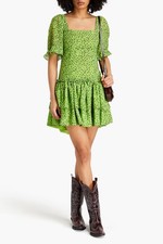 GANNI Tiered floral-print voile mini dress Lime green Original Price $275 EU 36