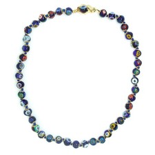 Murano Glas Halskette dunkelblau gold multi 42 Perlen Millefiori Venedig 46 cm