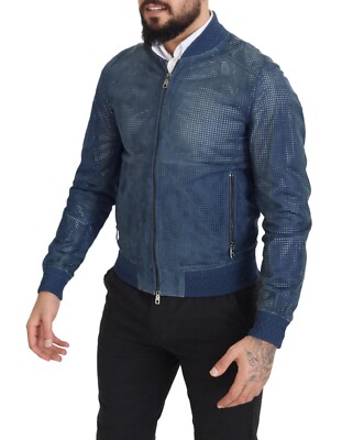 DOLCE＆GABBANA D&G イール レザー　size 46 NAVY DOLCE & GABBANA Jacket Blue Leather Perforated Full Zip Men IT46