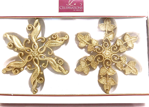 Mikasa Gold Snowflake 4 Inch Ornaments Celebrations Rejoice Set of 2 New in Box - Picture 2 of 6