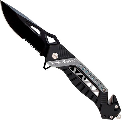Smith & Wesson Rescue Flipper 3.4'' Black Combo Blade Silver/Black Handle SW608S