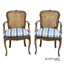Vintage Ethan Allen Italy French Country Louis XV Cane Back Arm Chairs - a Pair