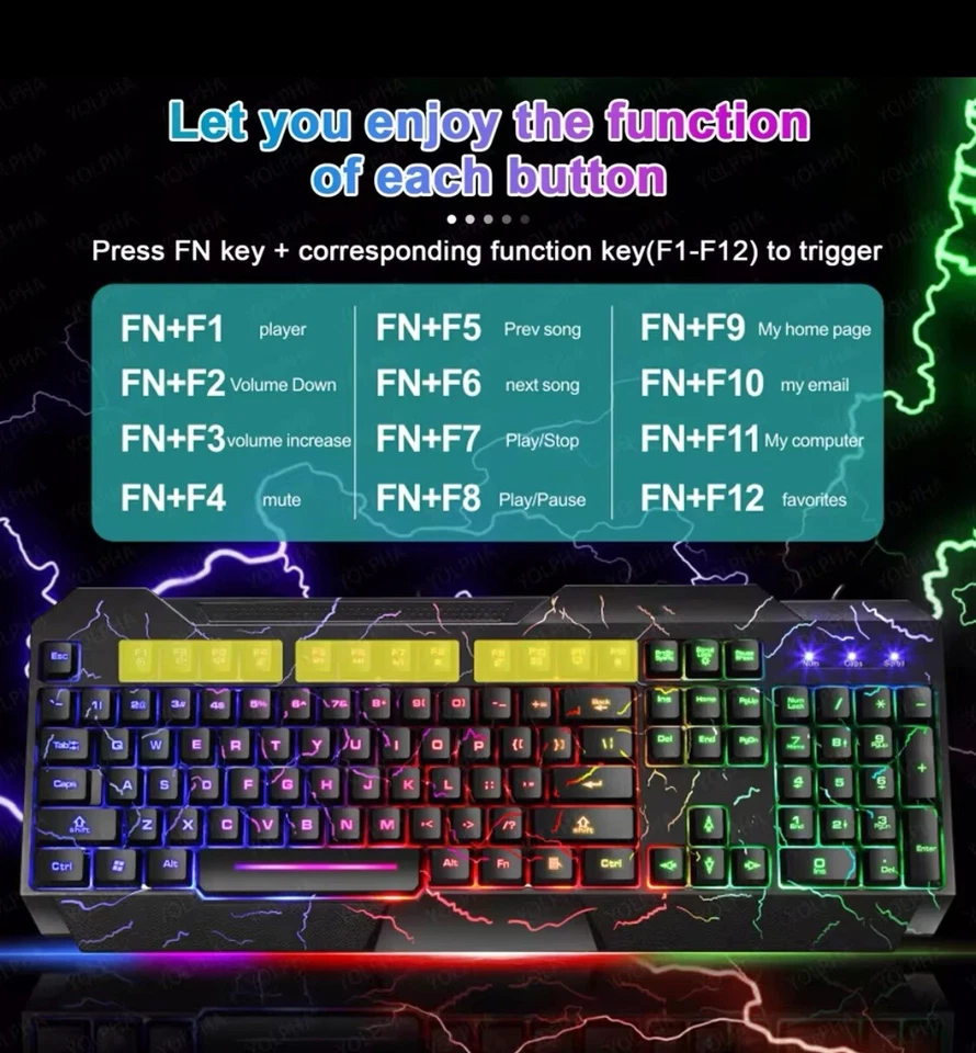 LED Gaming Keyboard+Mouse Backlight RGB Colour Back Light Up Rainbow PC Laptop - Image 4 of 4