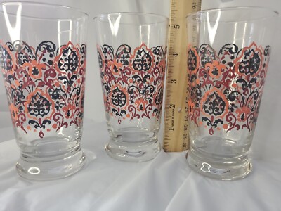 3 Libbey Glass Red Orange Black Paisley Footed Glasses 