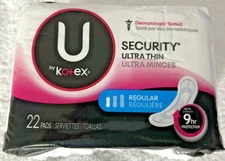 NWT U by Kotex SECURITY Ultra Thin Regular Pads 22 count 9 Hr Protection