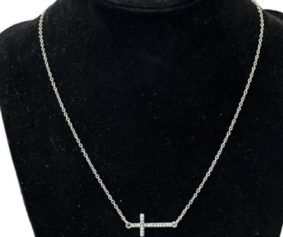 Silver Tone Sideways Cross Necklace Rhinestones 18  Religious Dainty New Gift