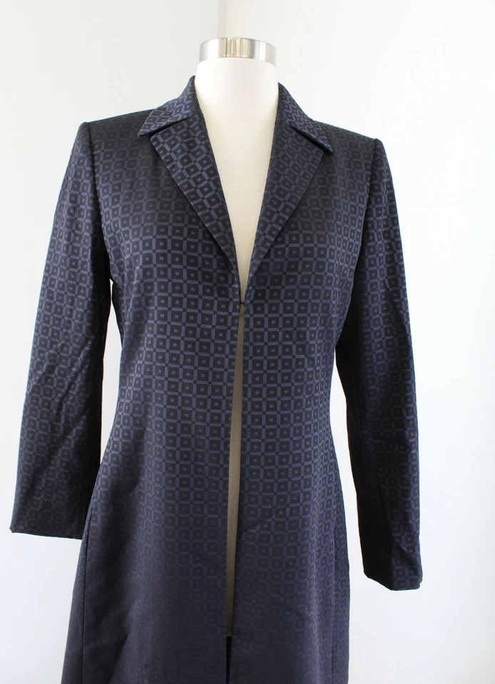 Tahari Azul Marino Negro Estampado Geométrico Bloque Chaqueta Larga Gabardina Carrera Talla 4 Foto 3 de 4