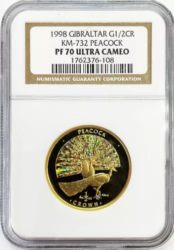 1998 GOLD GIBRALTAR HOLOGRAM PEACOCK 1/2 CROWN COIN NGC PROOF 70 ULTRA CAMEO 