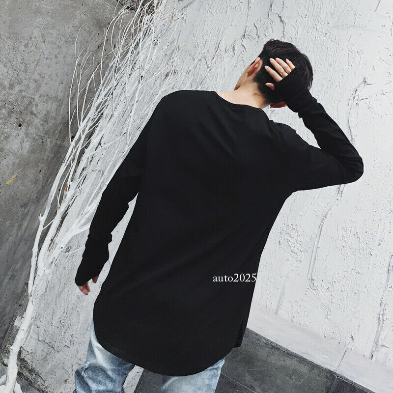 Mens Longline T-shirt Long Sleeve Baggy Curved Hem Top Tee
