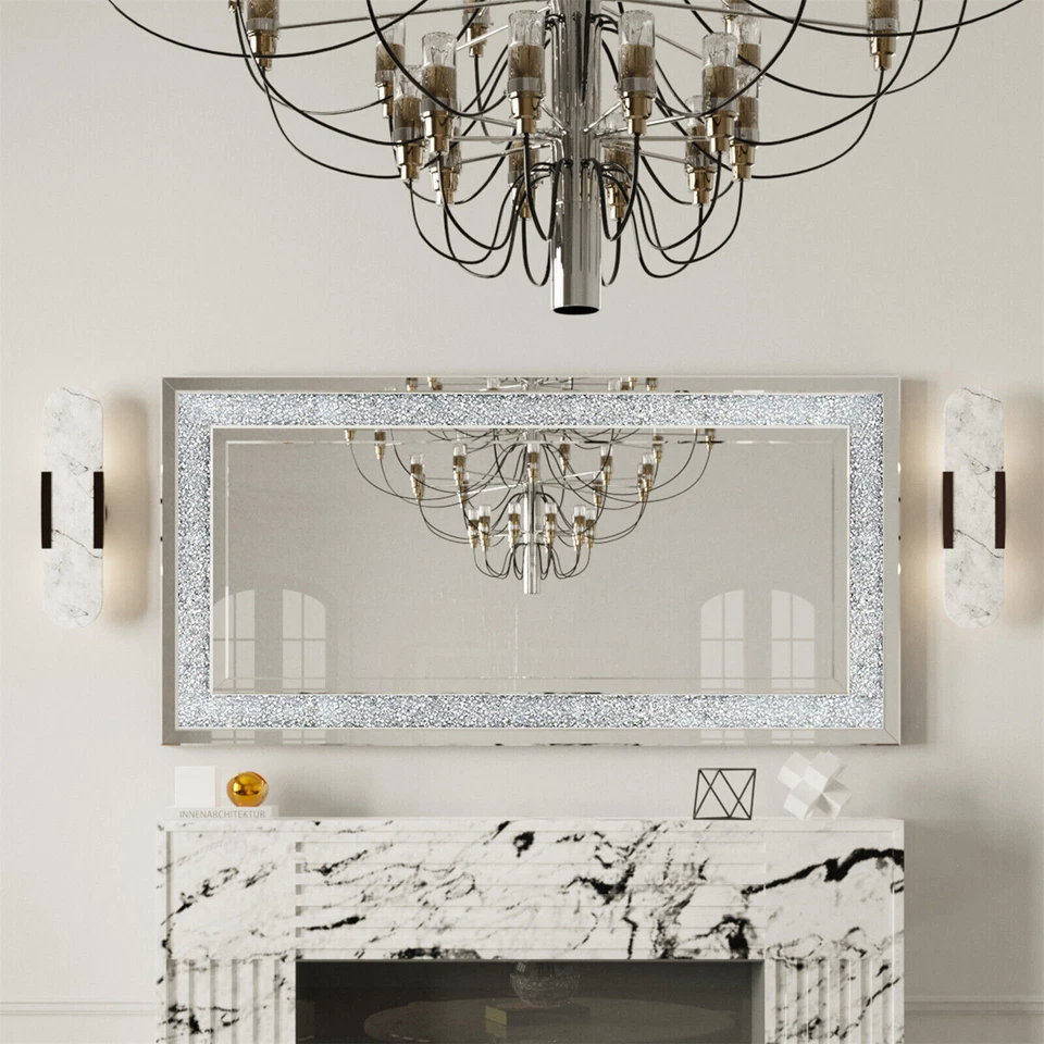 Espejo grande con incrustaciones de cristal aplastado diamante plata colgante de pared rectangular espejo decorativo Foto 3 de 4