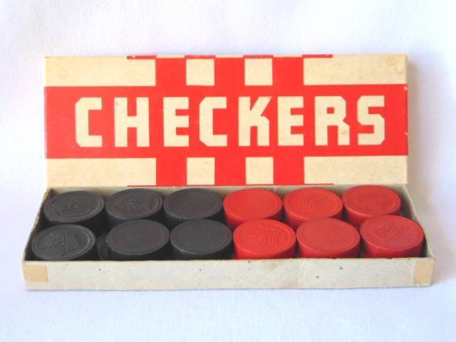 Vintage Box of Wood CHECKERS Crown Top Game Pieces Hal-Sam