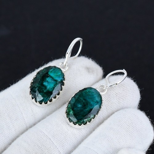 Smeraldo Creato IN Laboratorio Gemma Fatto a Mano 925 Argento Sterling Orecchino - Foto 3 di 4