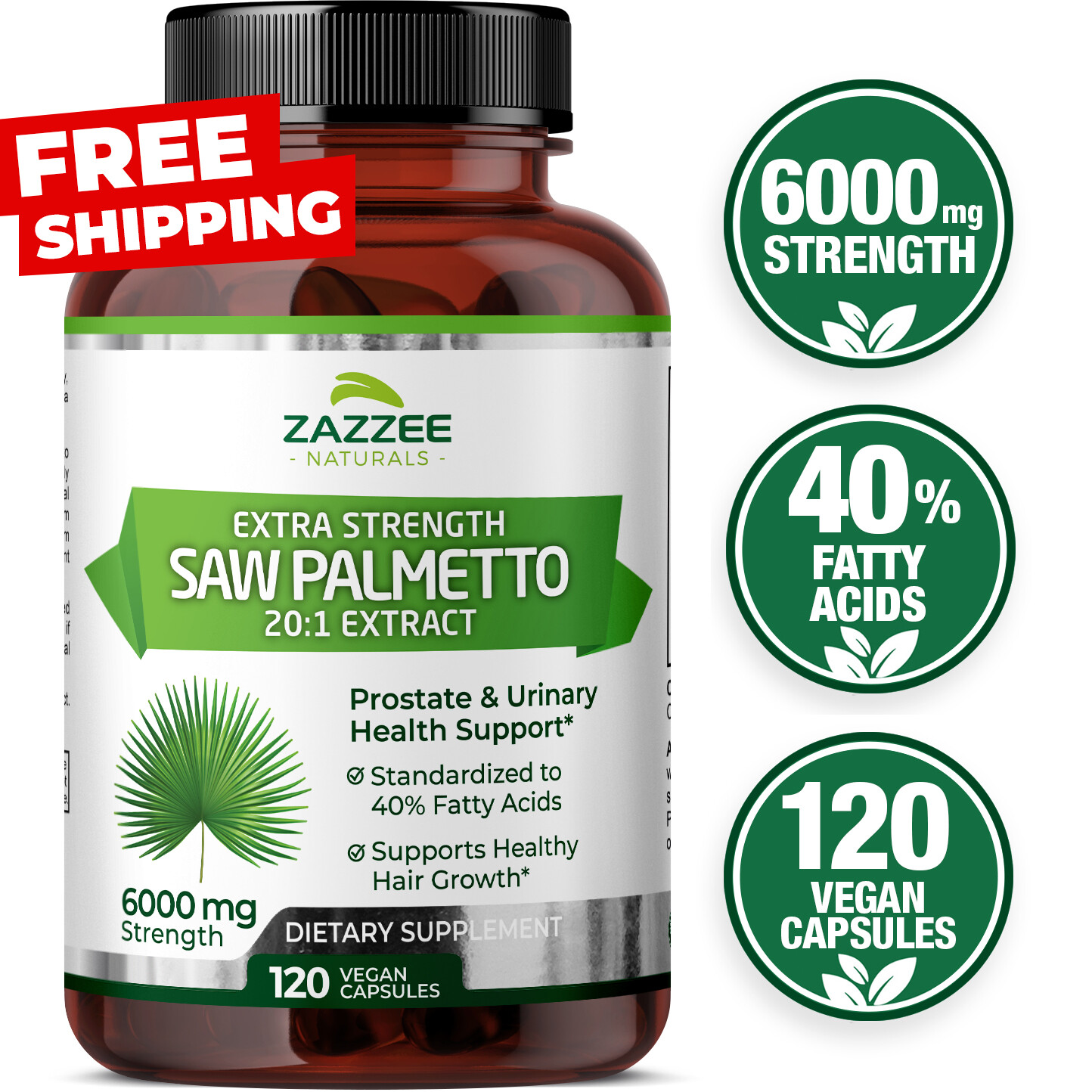 Zazzee Extra Strength Saw Palmetto 20:1 Extract, 6000 mg Strength, 120 Capsules