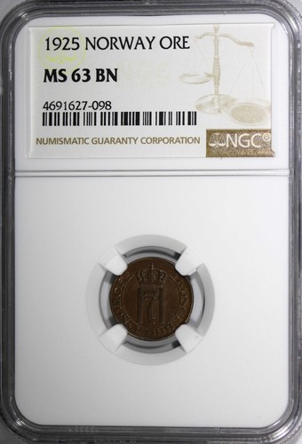 Norway Haakon VII Bronze 1925 1 Ore NGC MS63 BN BETTER DATE KM# 367 (098) - Picture 2 of 4