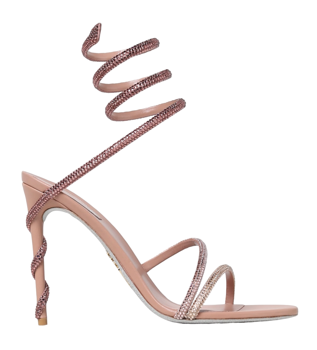 Rene Caovilla サテン パンプス ピンクベージュ Rene Caovilla Margot Nude Crystal Snake Ankle Wrap Strap Sandal