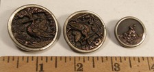3 ANTIQUE VICTORIAN PICTURE BUTTONS BIRD W/INSECT & WOMAN WEAVING RUG -MAYBE