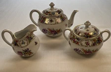 ANTIQUE EMPRESS DRESDEN FLOWER SCHUMANN-BAVARIA TEAPOT CREAM SUGAR 5.5” 1920'S