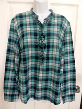 TALBOTS Sz 14, Large Plaid 1/2 Button Pullover Roll-Tab Sleeve Blouse Country