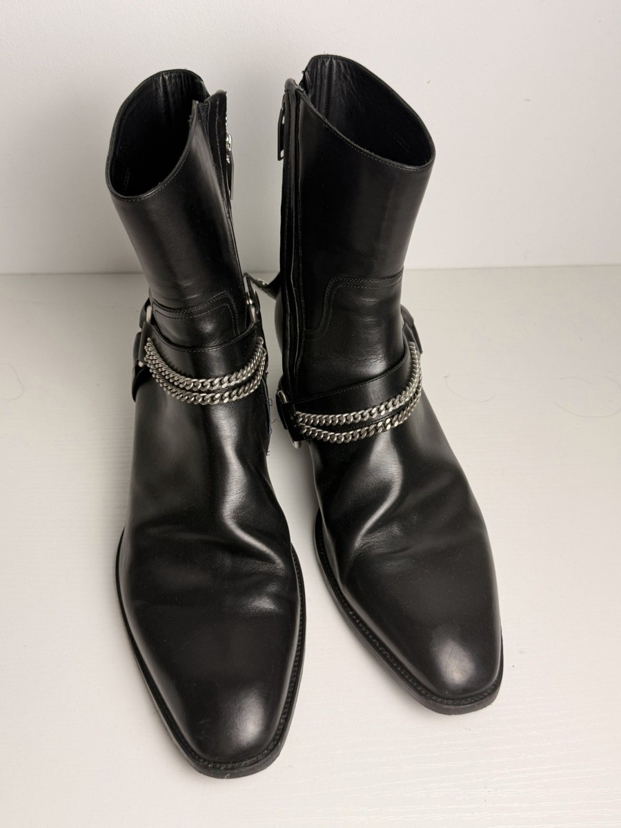 Saint Laurent Wyatt Chain Harness Boots Black Leather SZ 12.5 Rare