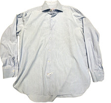 ISAIA Striped Cotton Button Dress Shirt Men's LARGE L 16.5 EU 42 Made Italy Blue