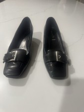 Prada Black Leather Kitten Heel Pumps Size 37.5 US 7 Silver Buckle Italy