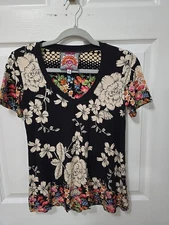 Johnny Was Redland Favorite Bamboo Stretch Knit Floral Print V Neck Short Sleeve