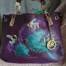 MK PURPLE PU LEATHER TOTE SHOULDER BAG HAND PAINTED 3 BEES ON THISTLES + STRAP
