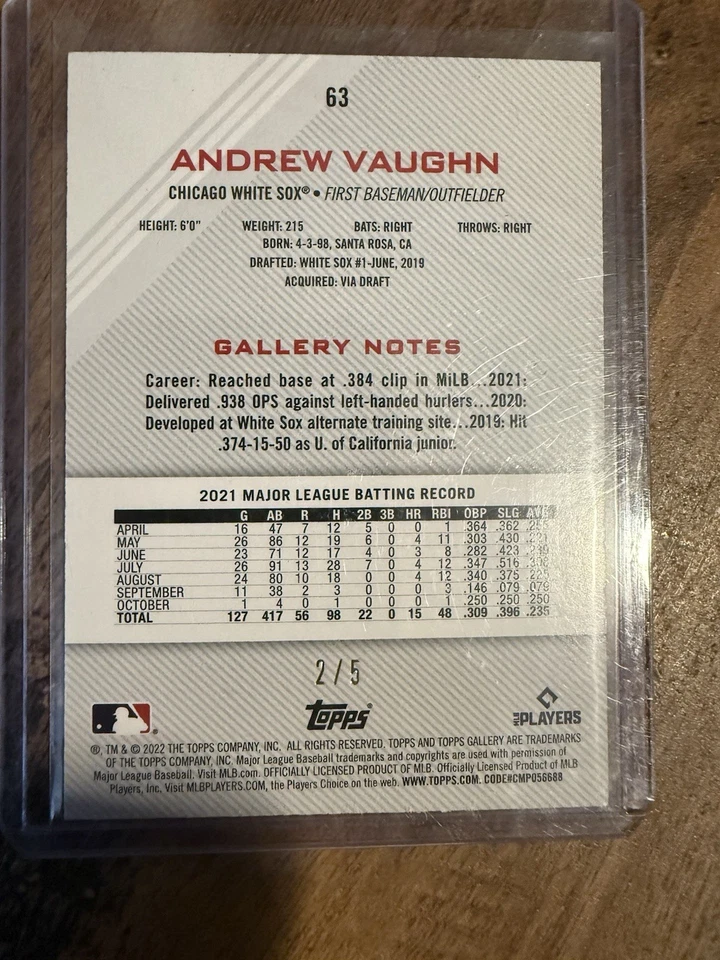 2022 Topps Gallery Red Parallel Andrew Vaughn # 2 Of 5 - Image 2 of 4