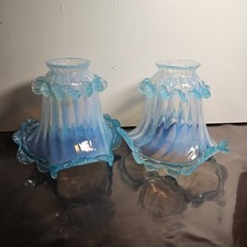 Victorian Style Hand Blown Blue Opalescent Ruffled Lamp Shades 2 1/8" Fitter