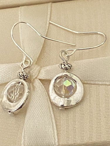Pretty Crystal AB Circle Silver Tone Drop Dangle Earrings Handmade Fun Fashion - Picture 4 of 8