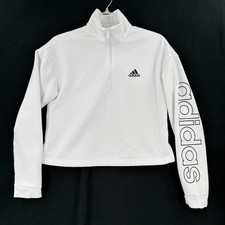 Adidas Quarter Zip Pullover Women Small White Cropped Graphic Sweatshirt HB2031