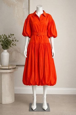 Cinq à Sept Daliah Belted Puff Sleeve Midi Dress Red Tangerine Size 8 
