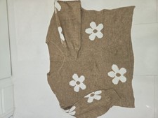 Women's Brown Knit Pullover Sweater White Flower Floral Print Crew Neck L