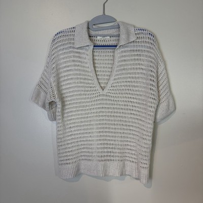 Crochet Knit Top Cream Medium V Neck Women's Boho Chic  Casual Festival Hippie